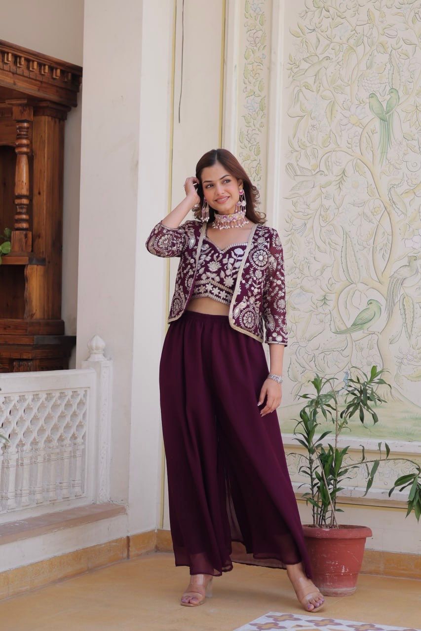 Bollywood Wear Wine Color Heavy Faux Georgette With Heavy Embroidery Work Koti With Choli Palazzo Suit