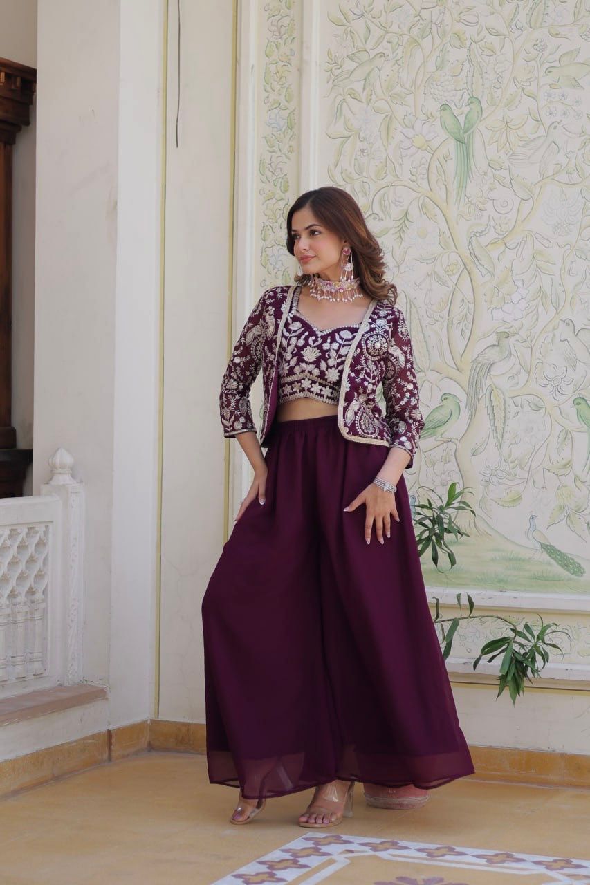 Bollywood Wear Wine Color Heavy Faux Georgette With Heavy Embroidery Work Koti With Choli Palazzo Suit