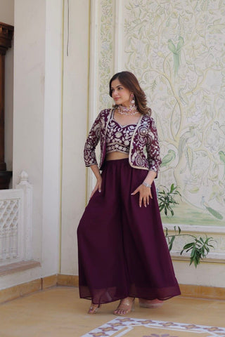 Bollywood Wear Wine Color Heavy Faux Georgette With Heavy Embroidery Work Koti With Choli Palazzo Suit