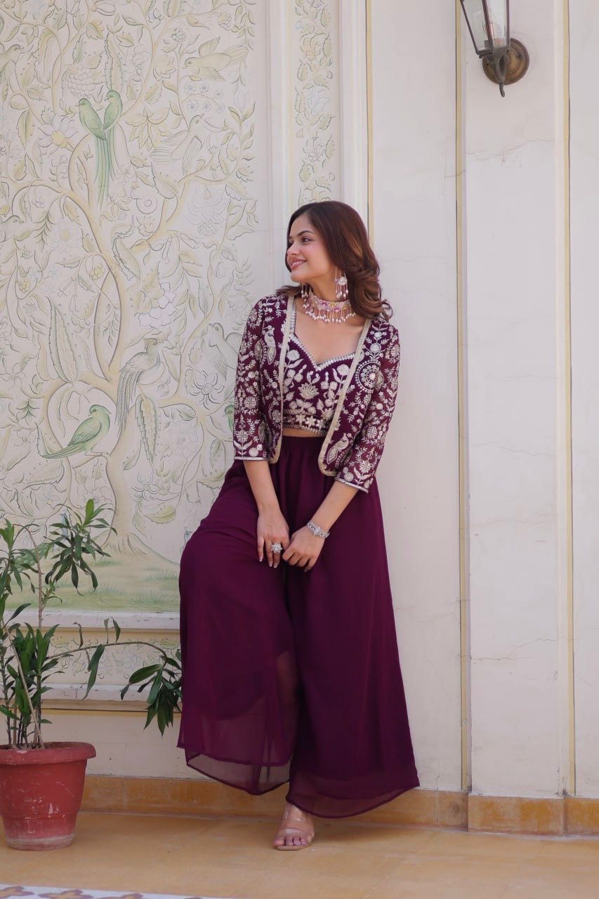 Bollywood Wear Wine Color Heavy Faux Georgette With Heavy Embroidery Work Koti With Choli Palazzo Suit