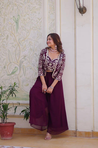 Bollywood Wear Wine Color Heavy Faux Georgette With Heavy Embroidery Work Koti With Choli Palazzo Suit