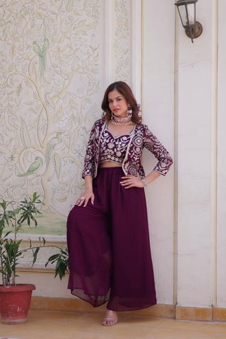 Bollywood Wear Wine Color Heavy Faux Georgette With Heavy Embroidery Work Koti With Choli Palazzo Suit