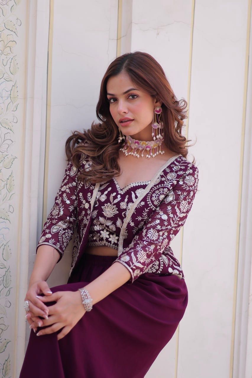 Bollywood Wear Wine Color Heavy Faux Georgette With Heavy Embroidery Work Koti With Choli Palazzo Suit