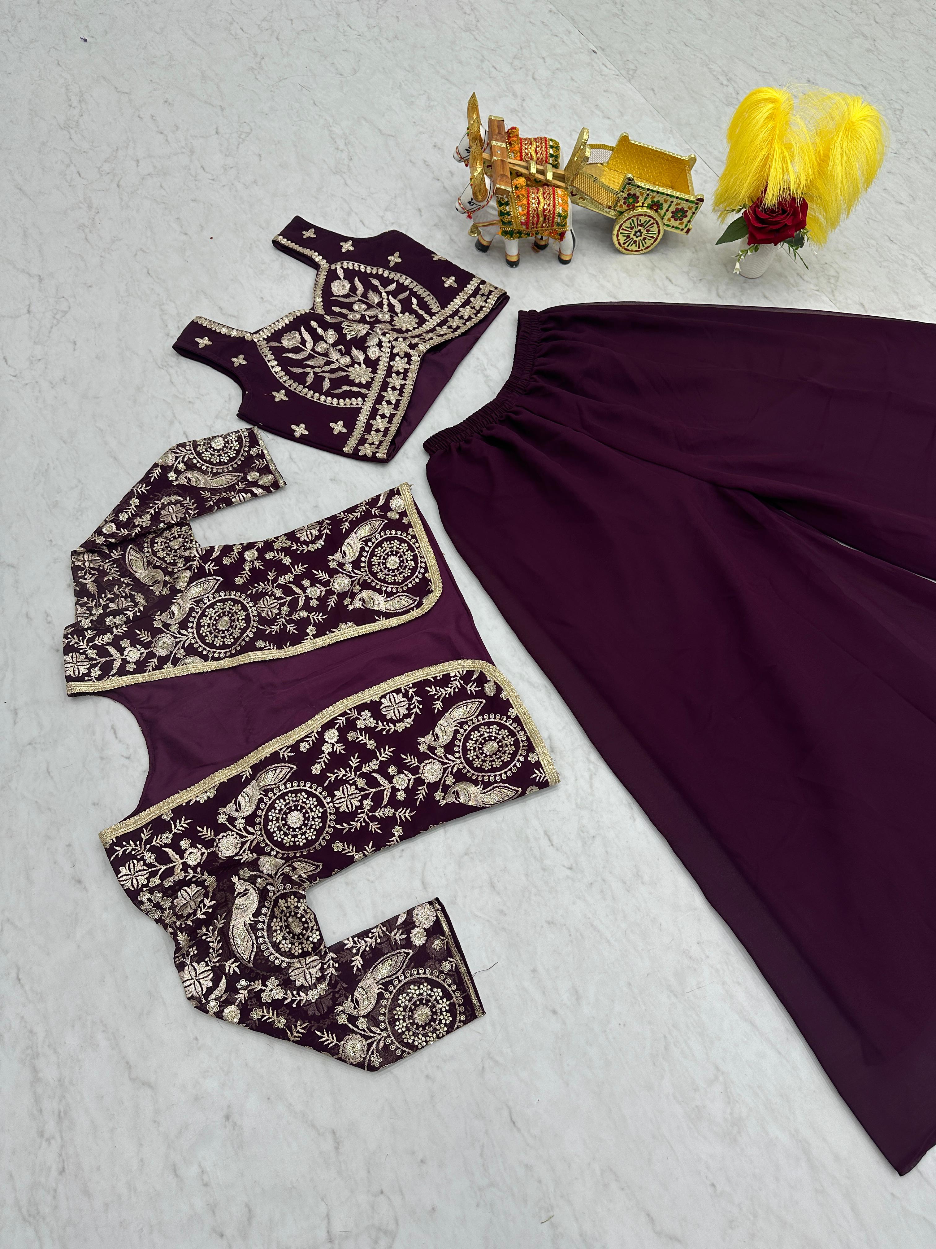 Bollywood Wear Wine Color Heavy Faux Georgette With Heavy Embroidery Work Koti With Choli Palazzo Suit