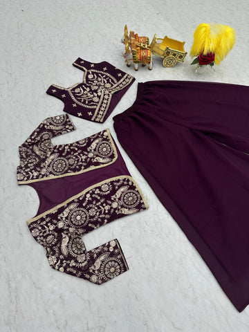 Bollywood Wear Wine Color Heavy Faux Georgette With Heavy Embroidery Work Koti With Choli Palazzo Suit