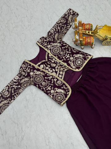 Bollywood Wear Wine Color Heavy Faux Georgette With Heavy Embroidery Work Koti With Choli Palazzo Suit
