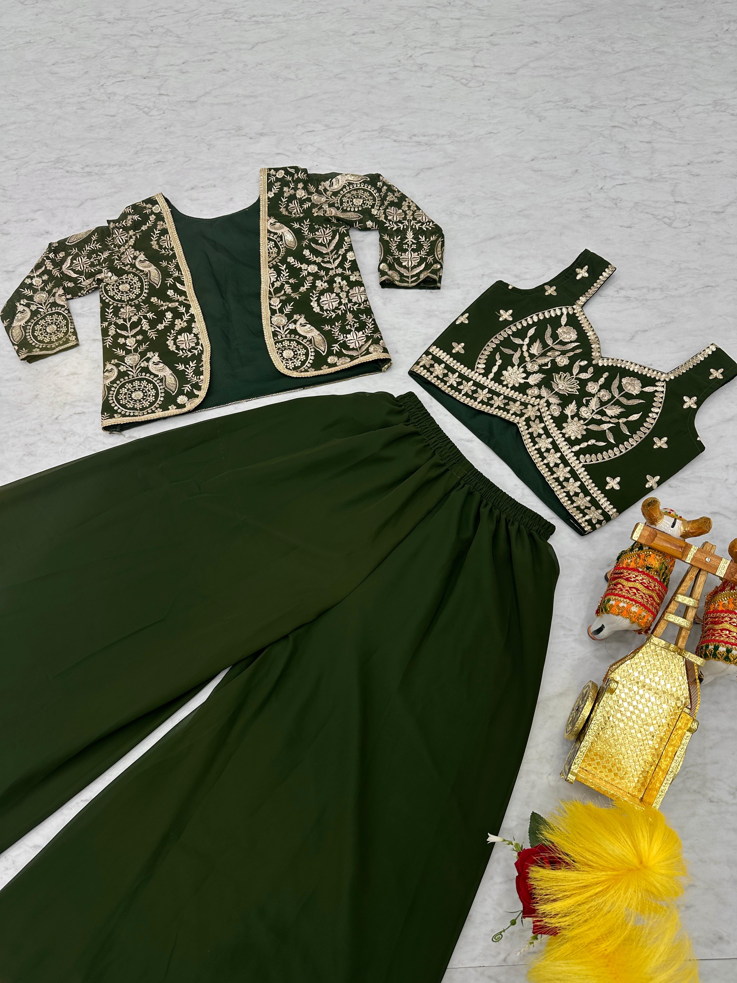 Bollywood Wear Green Color Heavy Faux Georgette With Heavy Embroidery Work Koti With Choli Palazzo Suit