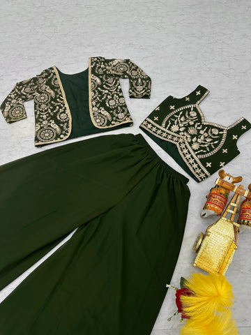 Bollywood Wear Green Color Heavy Faux Georgette With Heavy Embroidery Work Koti With Choli Palazzo Suit