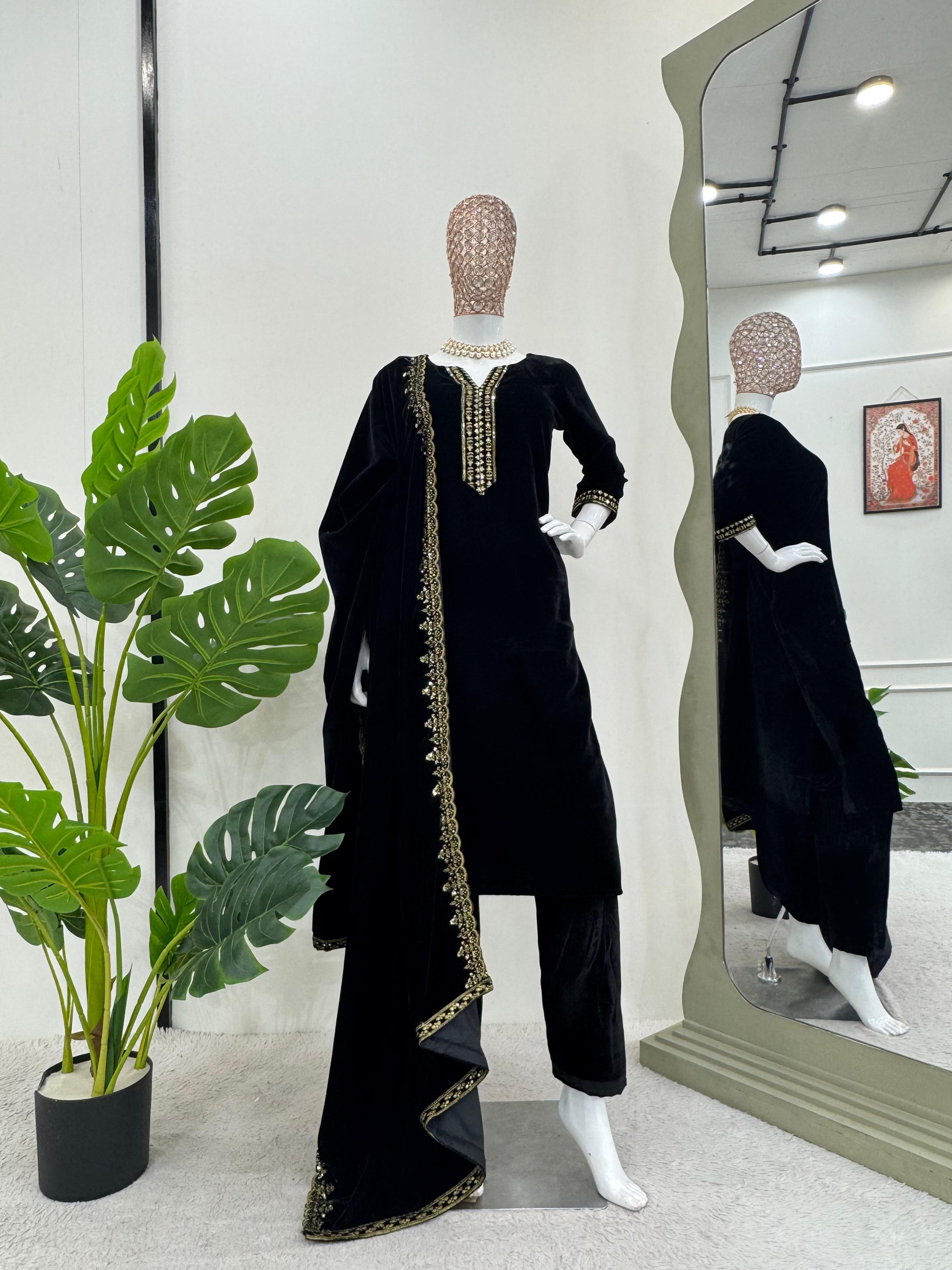 Graceful Black Color Viscos Velvet And Thread With Sequence Work Designer Velvet Salwar Suit
