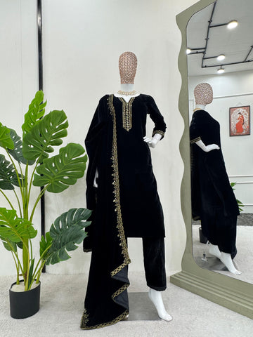 Graceful Black Color Viscos Velvet And Thread With Sequence Work Designer Velvet Salwar Suit