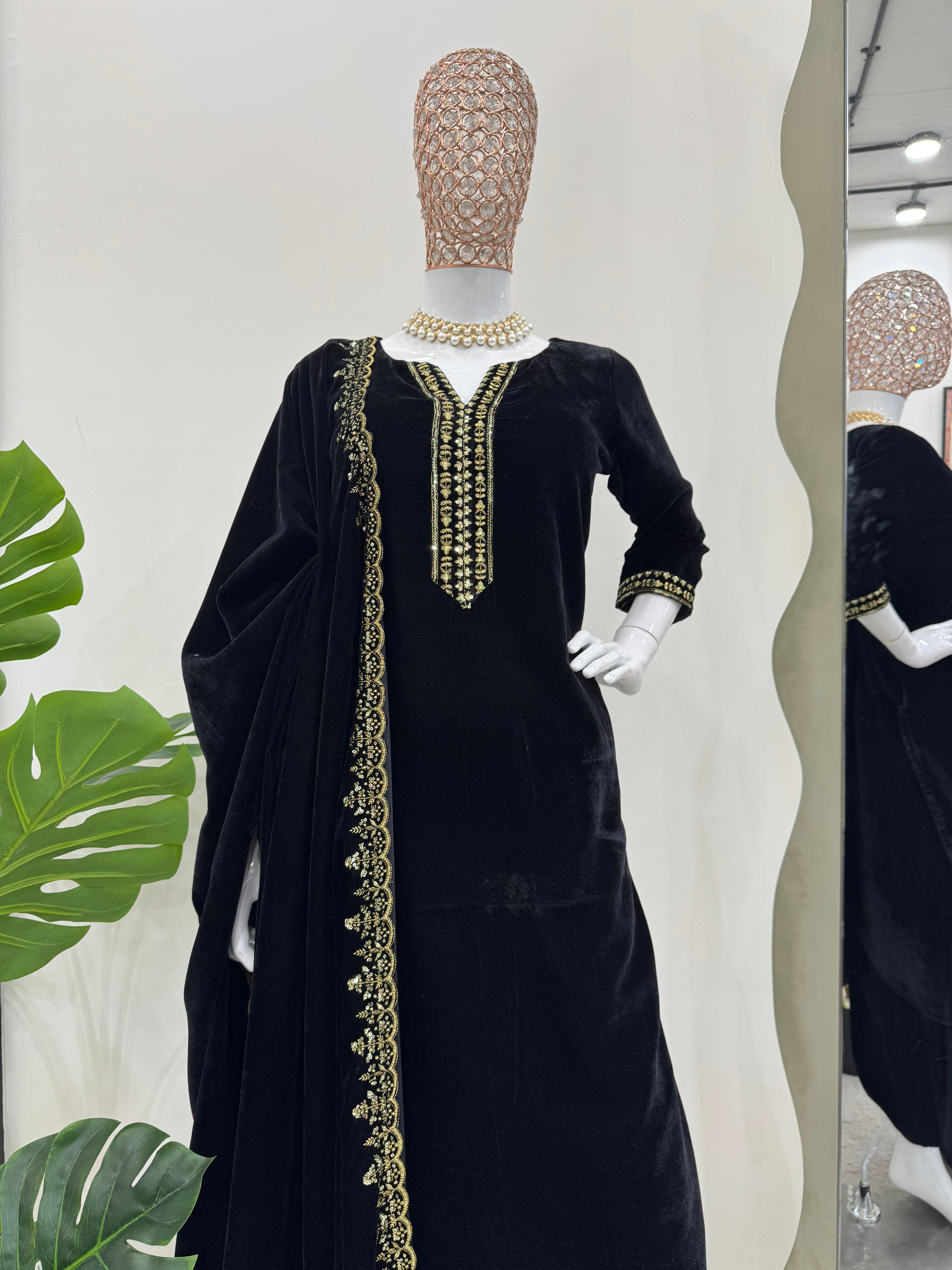 Graceful Black Color Viscos Velvet And Thread With Sequence Work Designer Velvet Salwar Suit