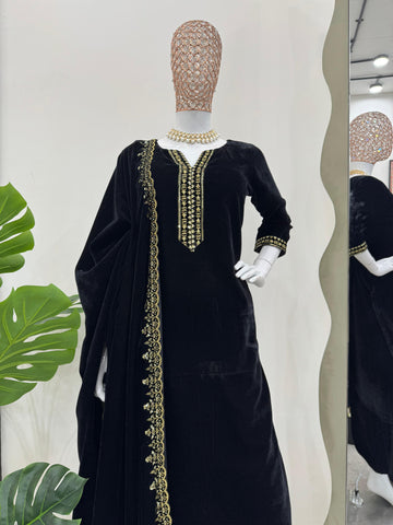 Graceful Black Color Viscos Velvet And Thread With Sequence Work Designer Velvet Salwar Suit