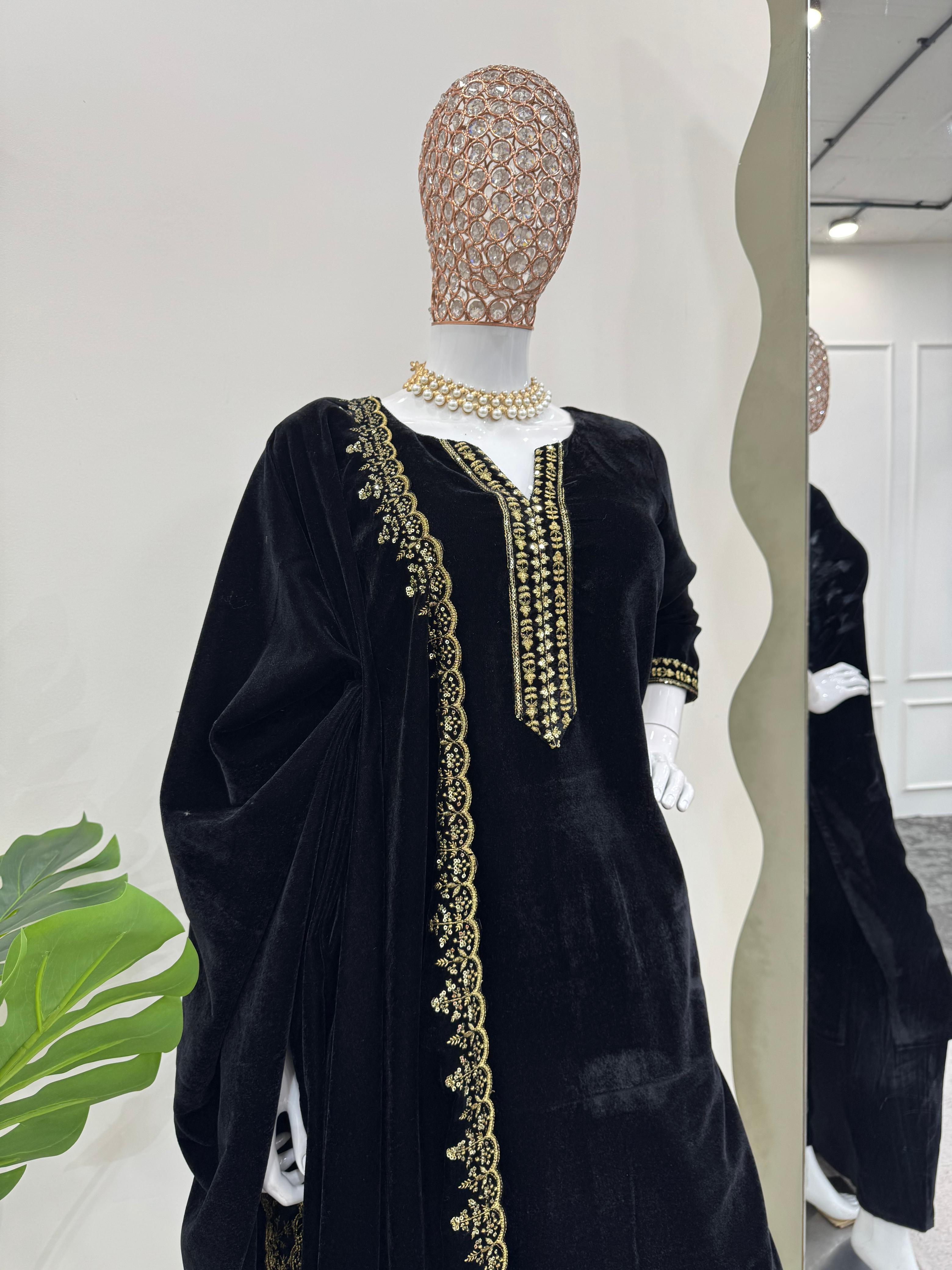 Graceful Black Color Viscos Velvet And Thread With Sequence Work Designer Velvet Salwar Suit