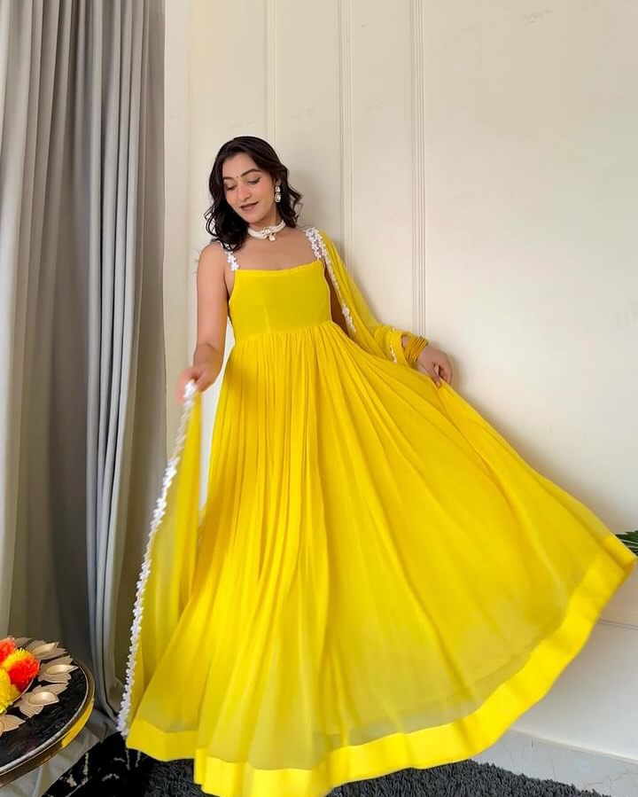Ravishing Yellow Color Pure Georgette Anarkali Huge Flair Suit With Designer Lace Anarkali Gown