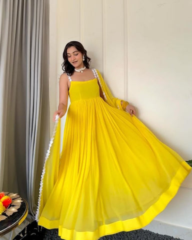 Ravishing Yellow Color Pure Georgette Anarkali Huge Flair Suit With Designer Lace Anarkali Gown