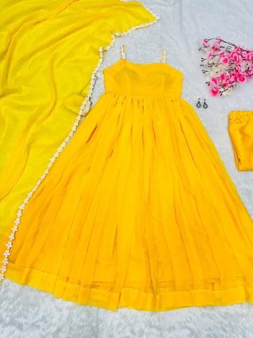 Ravishing Yellow Color Pure Georgette Anarkali Huge Flair Suit With Designer Lace Anarkali Gown
