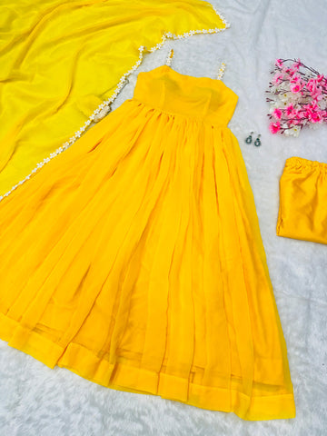 Ravishing Yellow Color Pure Georgette Anarkali Huge Flair Suit With Designer Lace Anarkali Gown