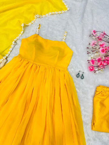 Ravishing Yellow Color Pure Georgette Anarkali Huge Flair Suit With Designer Lace Anarkali Gown