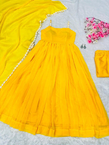 Ravishing Yellow Color Pure Georgette Anarkali Huge Flair Suit With Designer Lace Anarkali Gown