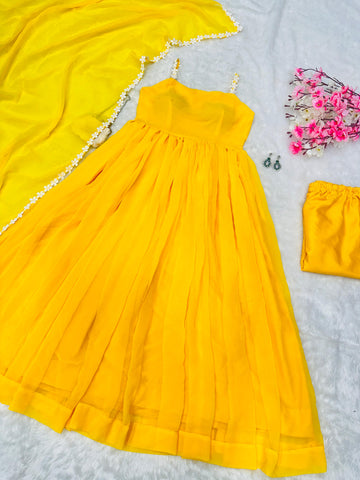 Ravishing Yellow Color Pure Georgette Anarkali Huge Flair Suit With Designer Lace Anarkali Gown