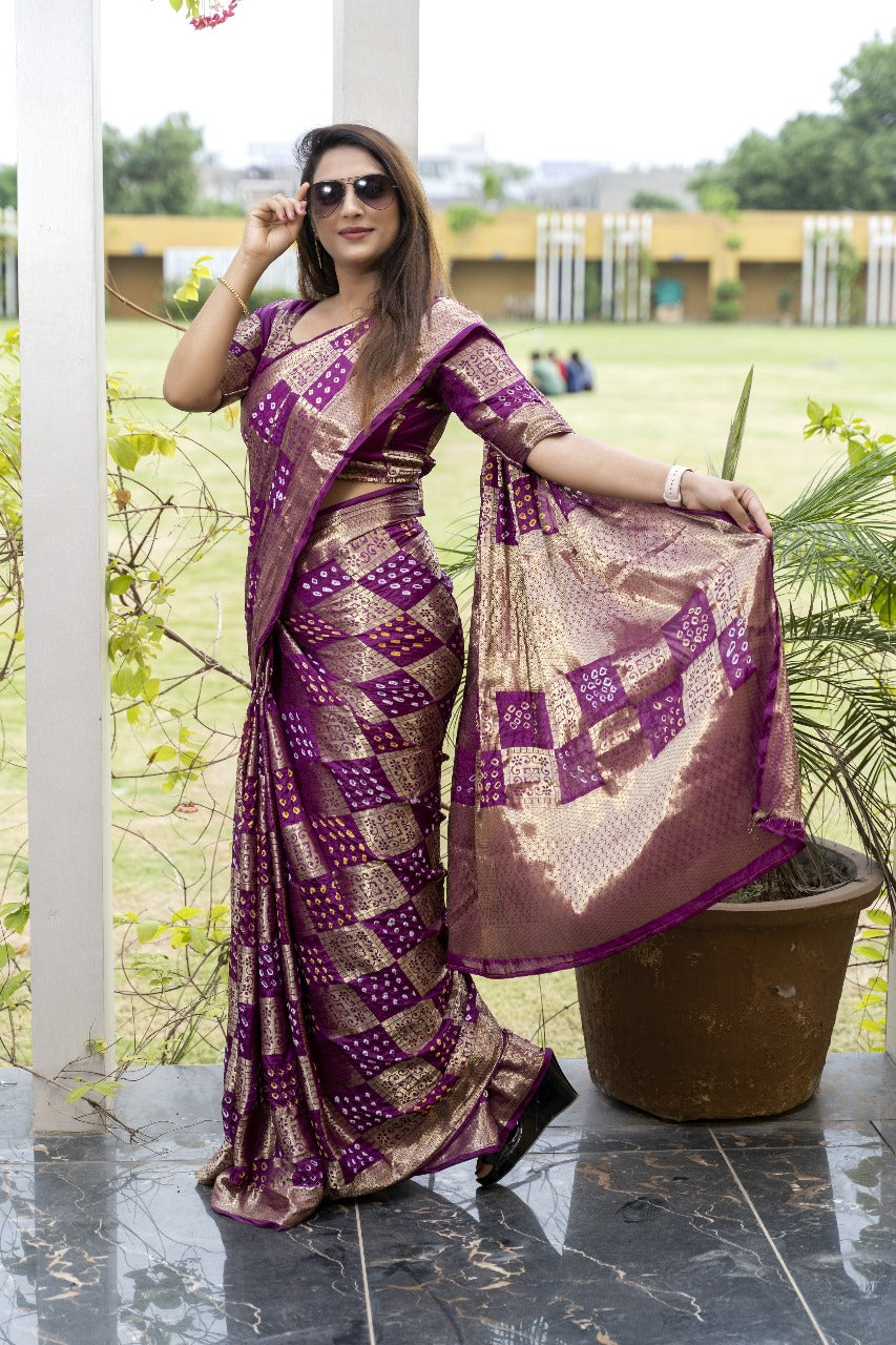 Wedding Wear Beautiful Design And Purple Color With Zari Weaving Pure Bandhej Silk Saree