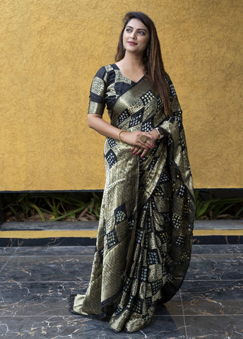 Wedding Wear Beautiful Design And Black Color With Zari Weaving Pure Bandhej Silk Saree