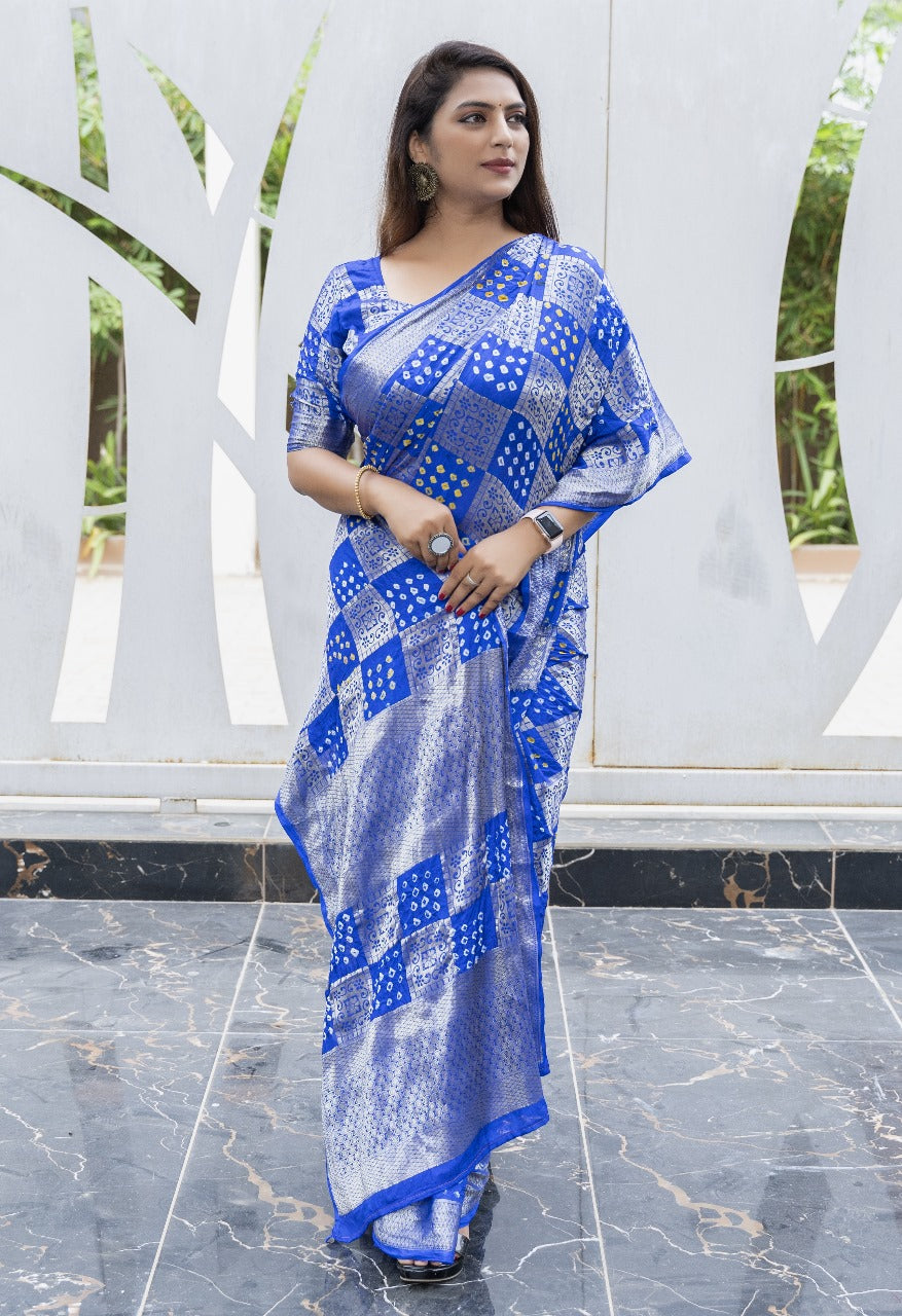 Wedding Wear Beautiful Design And Blue Color With Zari Weaving Pure Bandhej Silk Saree