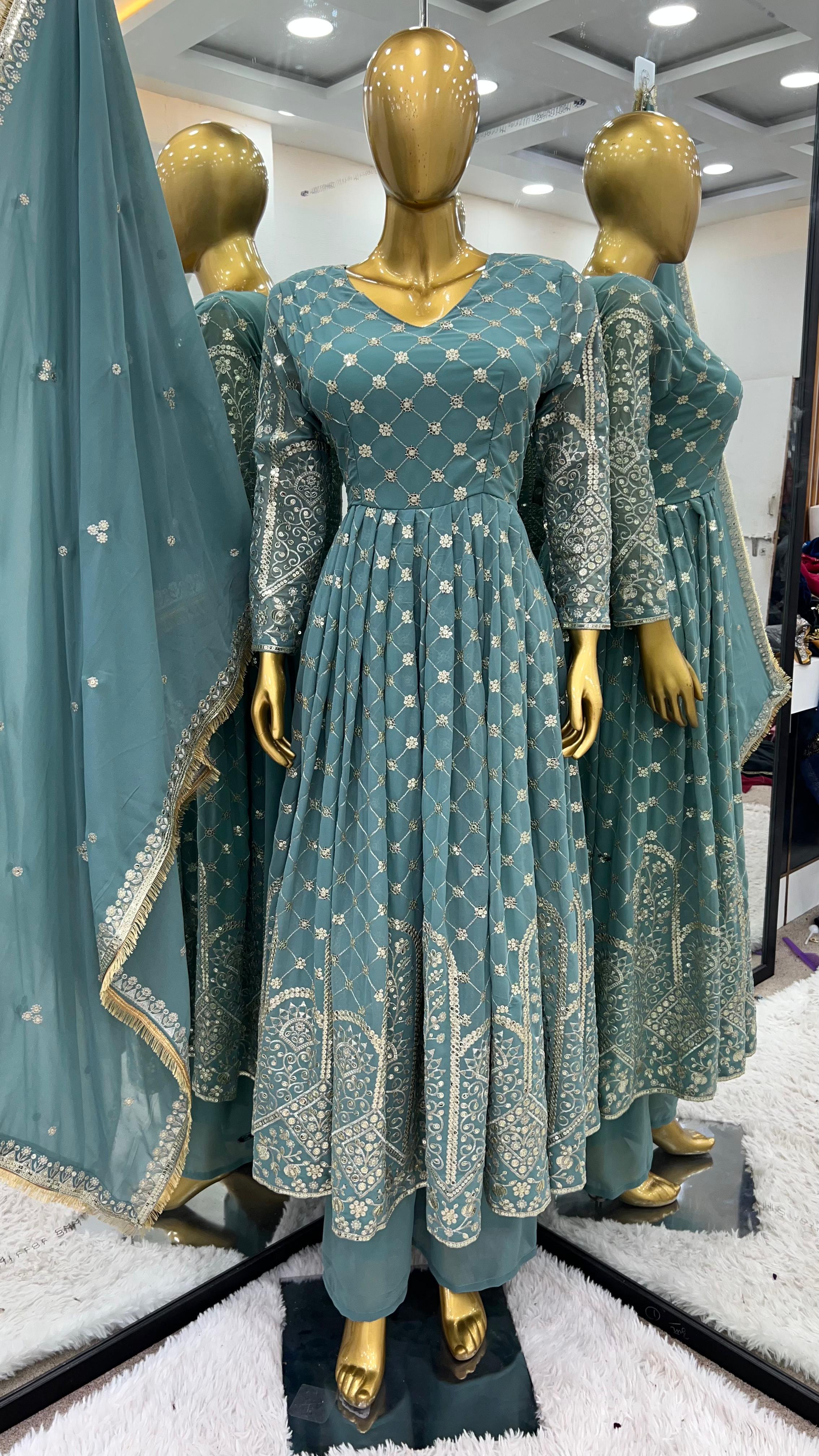 Admiring Aqua Green Color Faux Georgette With Heavy Embroidery Sequence Work Designer Anarkali Suit