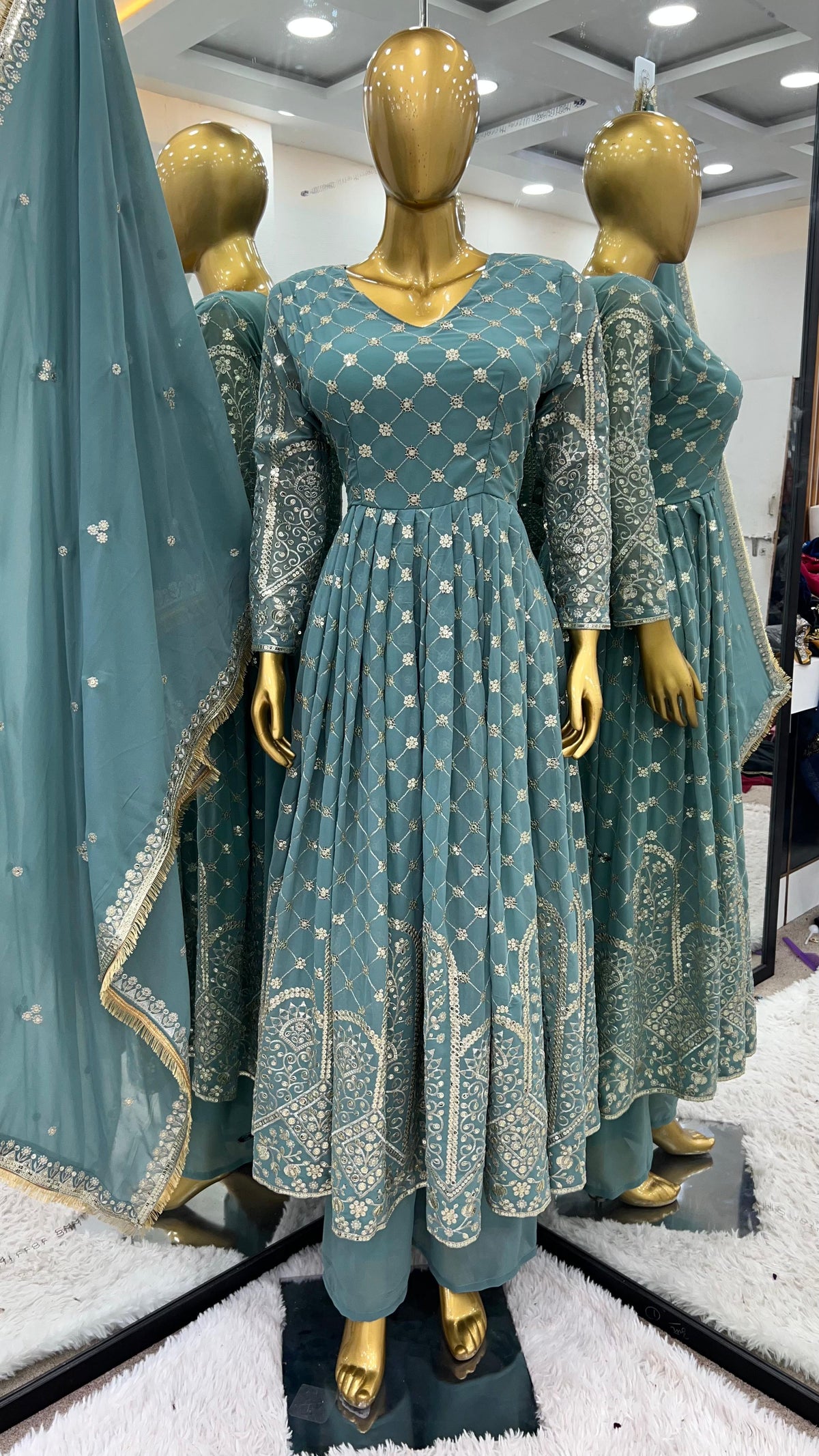 Admiring Aqua Green Color Faux Georgette With Heavy Embroidery Sequence Work Designer Anarkali Suit