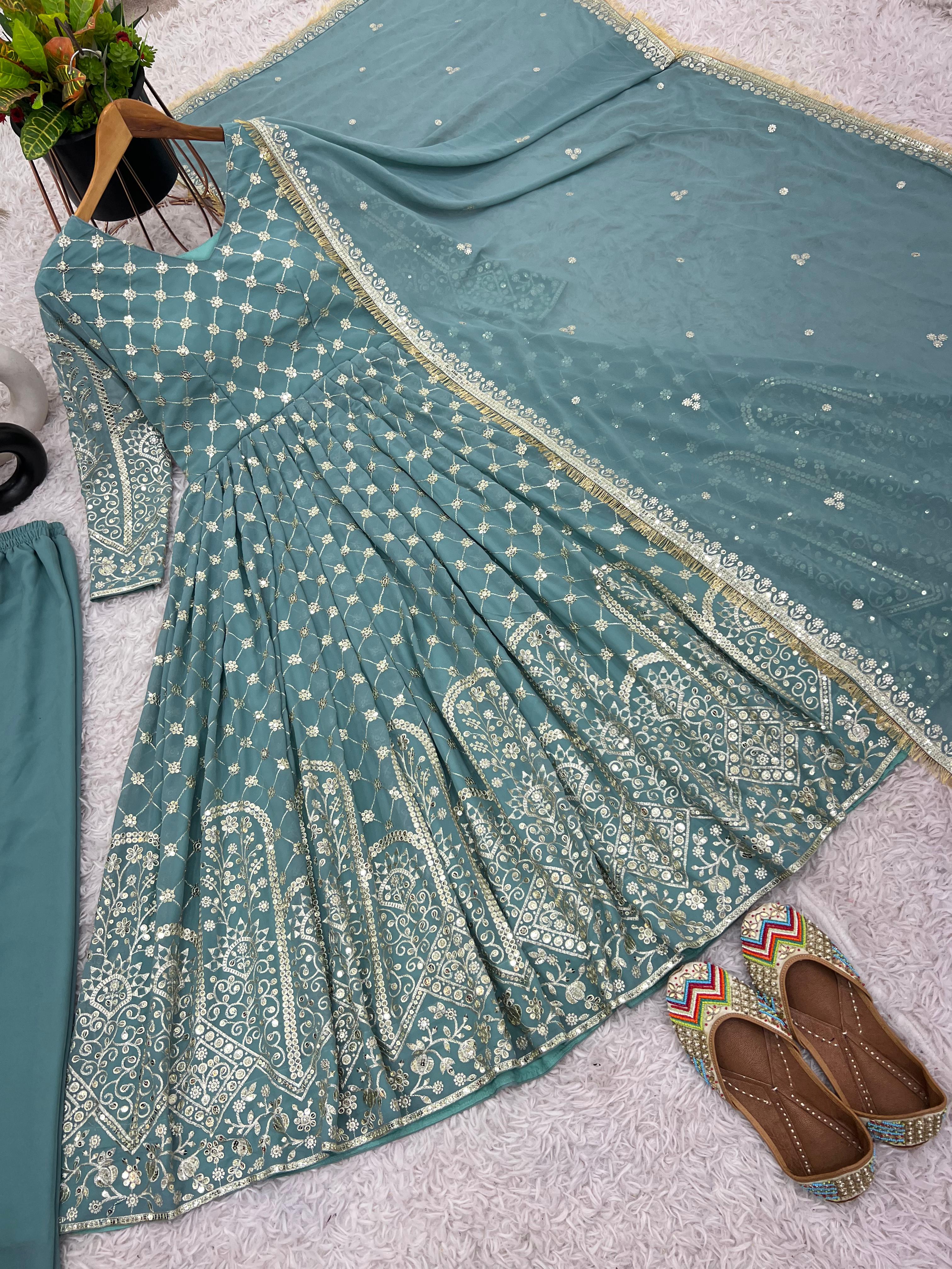 Admiring Aqua Green Color Faux Georgette With Heavy Embroidery Sequence Work Designer Anarkali Suit