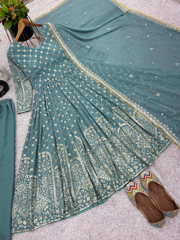 Admiring Aqua Green Color Faux Georgette With Heavy Embroidery Sequence Work Designer Anarkali Suit