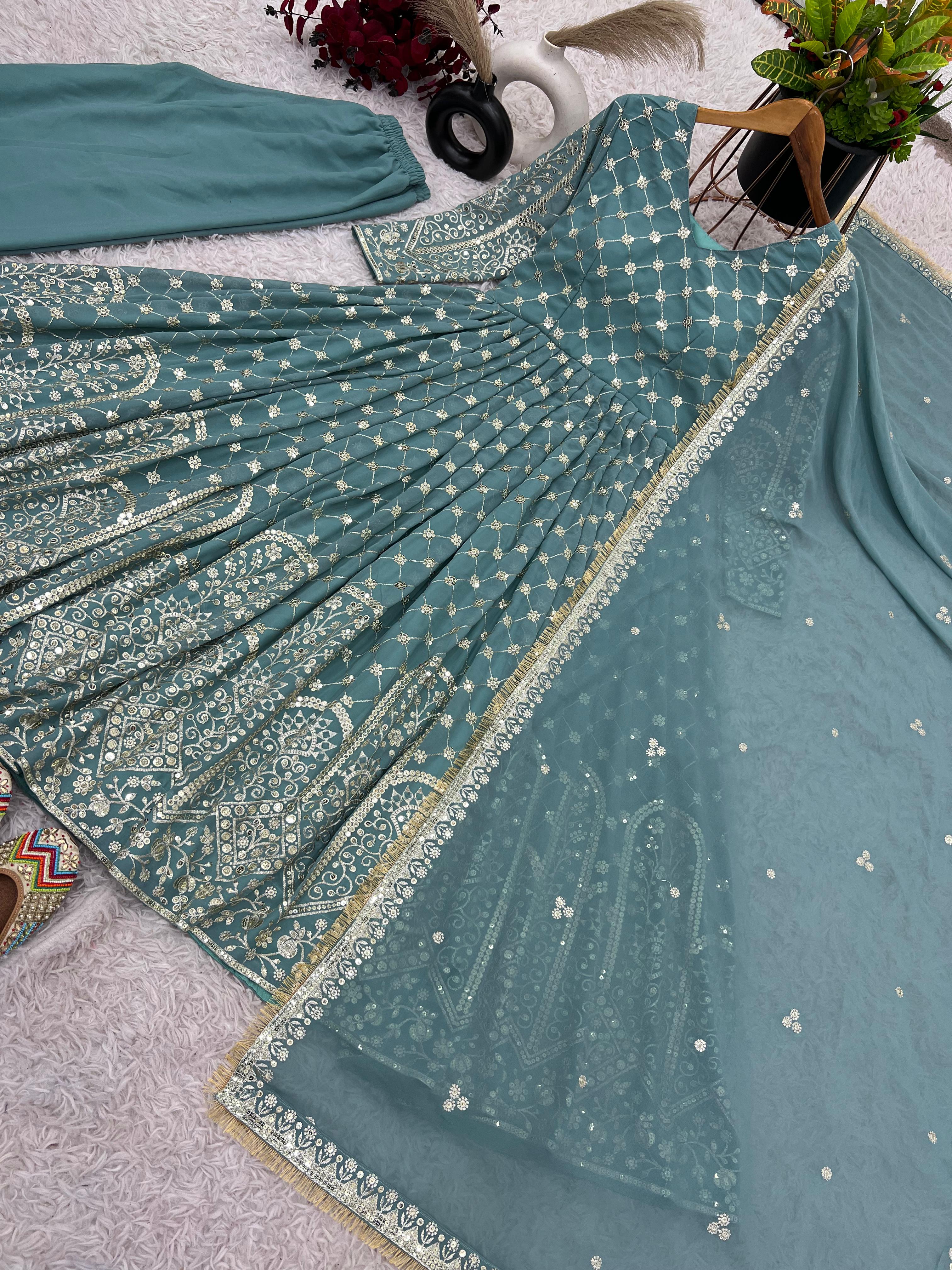 Admiring Aqua Green Color Faux Georgette With Heavy Embroidery Sequence Work Designer Anarkali Suit