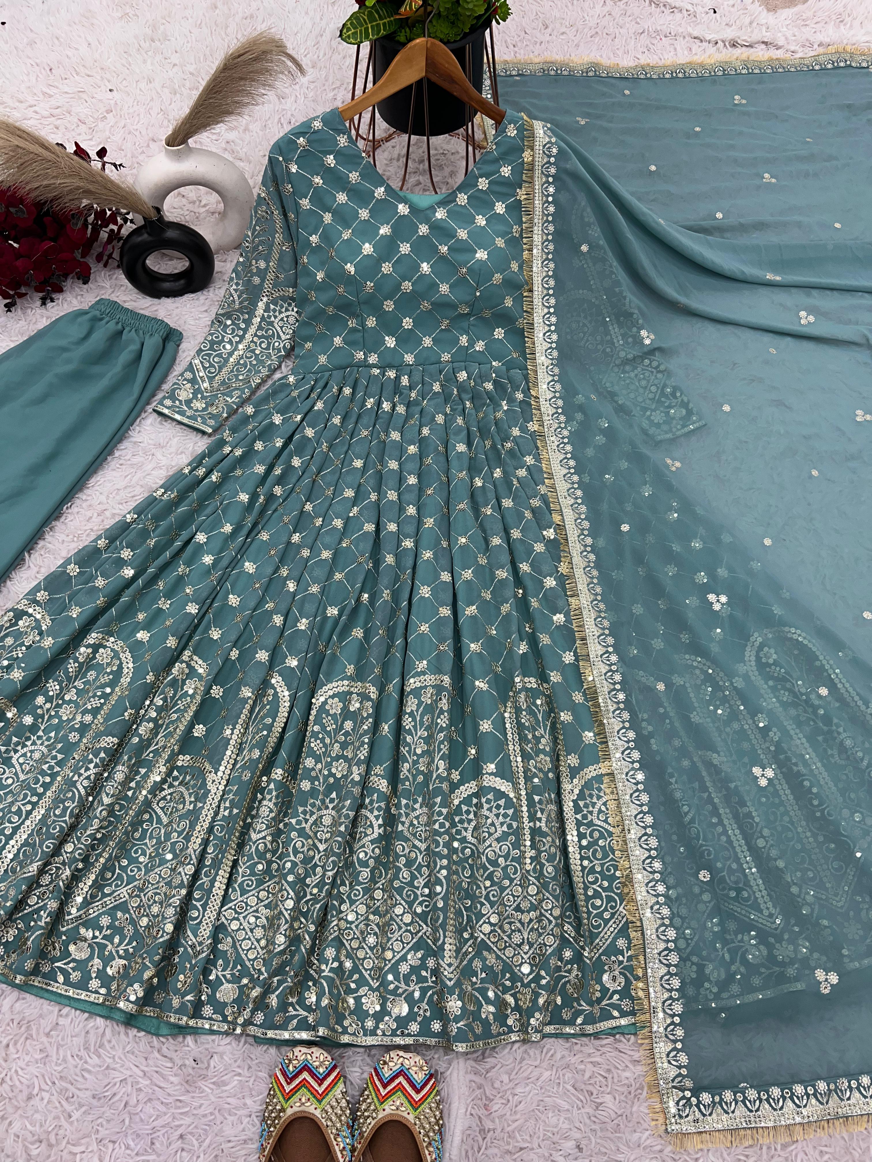 Admiring Aqua Green Color Faux Georgette With Heavy Embroidery Sequence Work Designer Anarkali Suit