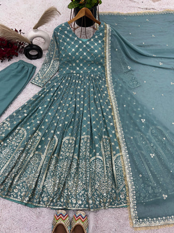 Admiring Aqua Green Color Faux Georgette With Heavy Embroidery Sequence Work Designer Anarkali Suit