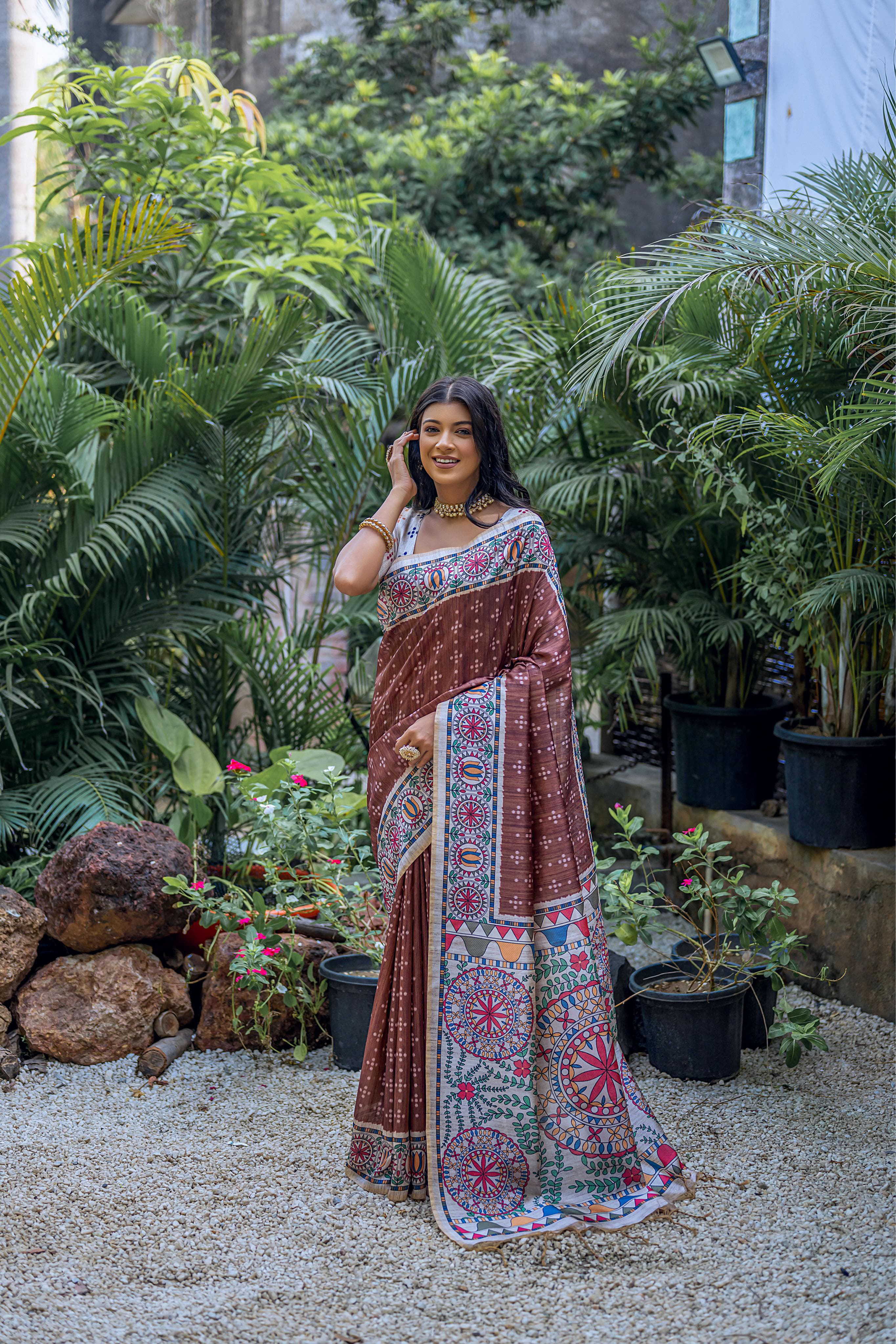 Dark Orange Color Soft Tussar Silk With Beautiful Badhubani Printed Bandhani Printed Silk Saree