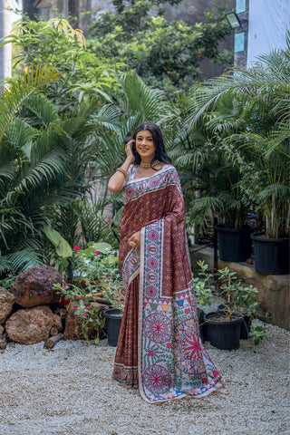 Dark Orange Color Soft Tussar Silk With Beautiful Badhubani Printed Bandhani Printed Silk Saree