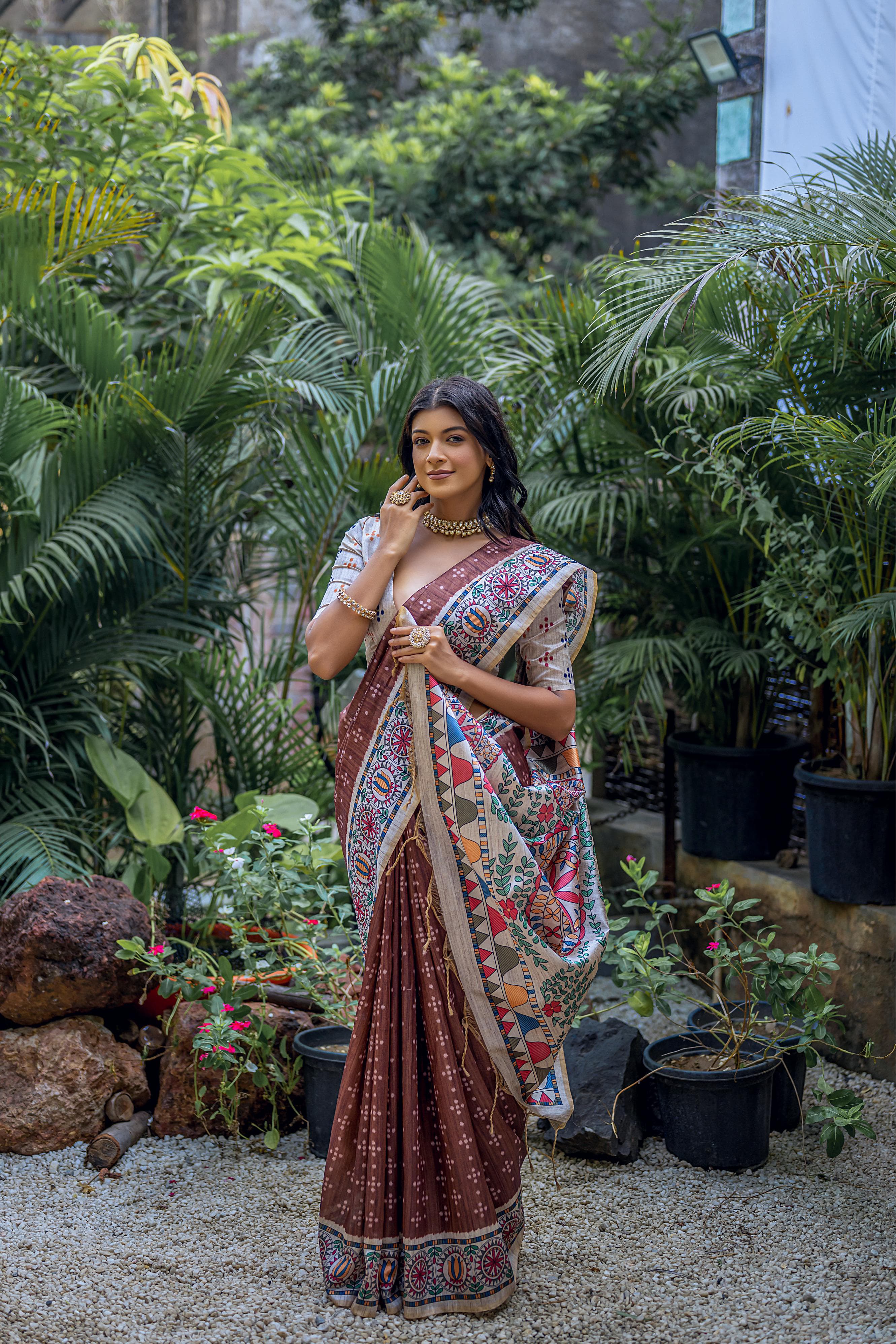 Dark Orange Color Soft Tussar Silk With Beautiful Badhubani Printed Bandhani Printed Silk Saree