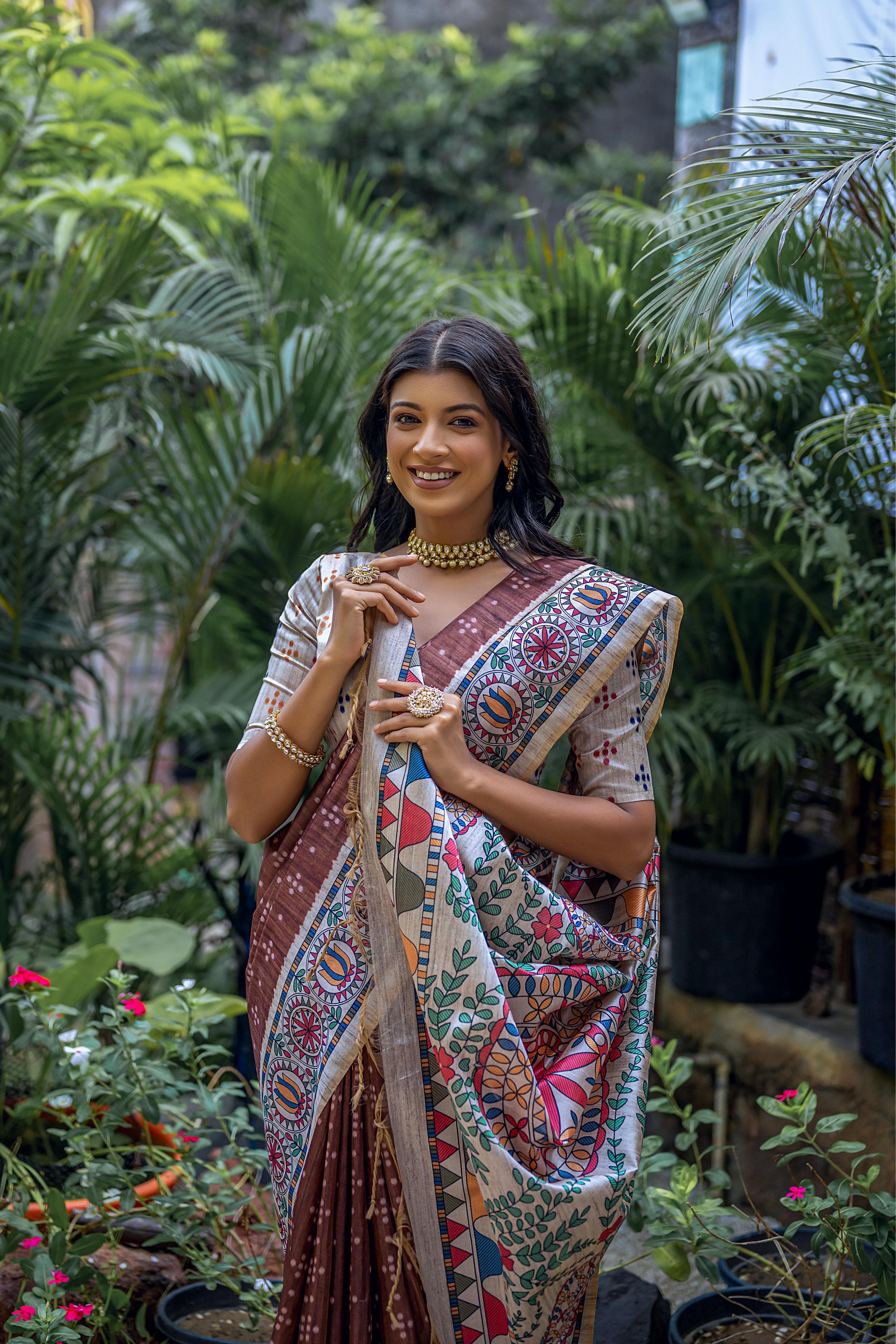 Dark Orange Color Soft Tussar Silk With Beautiful Badhubani Printed Bandhani Printed Silk Saree