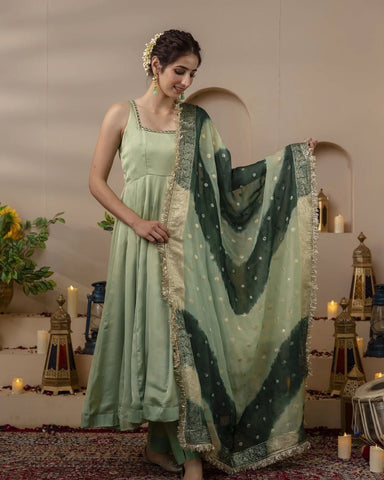 Pista Green Color Georgette With Fancy Lace Work Party Wear Gown
