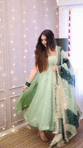 Pista Green Color Georgette With Fancy Lace Work Party Wear Gown
