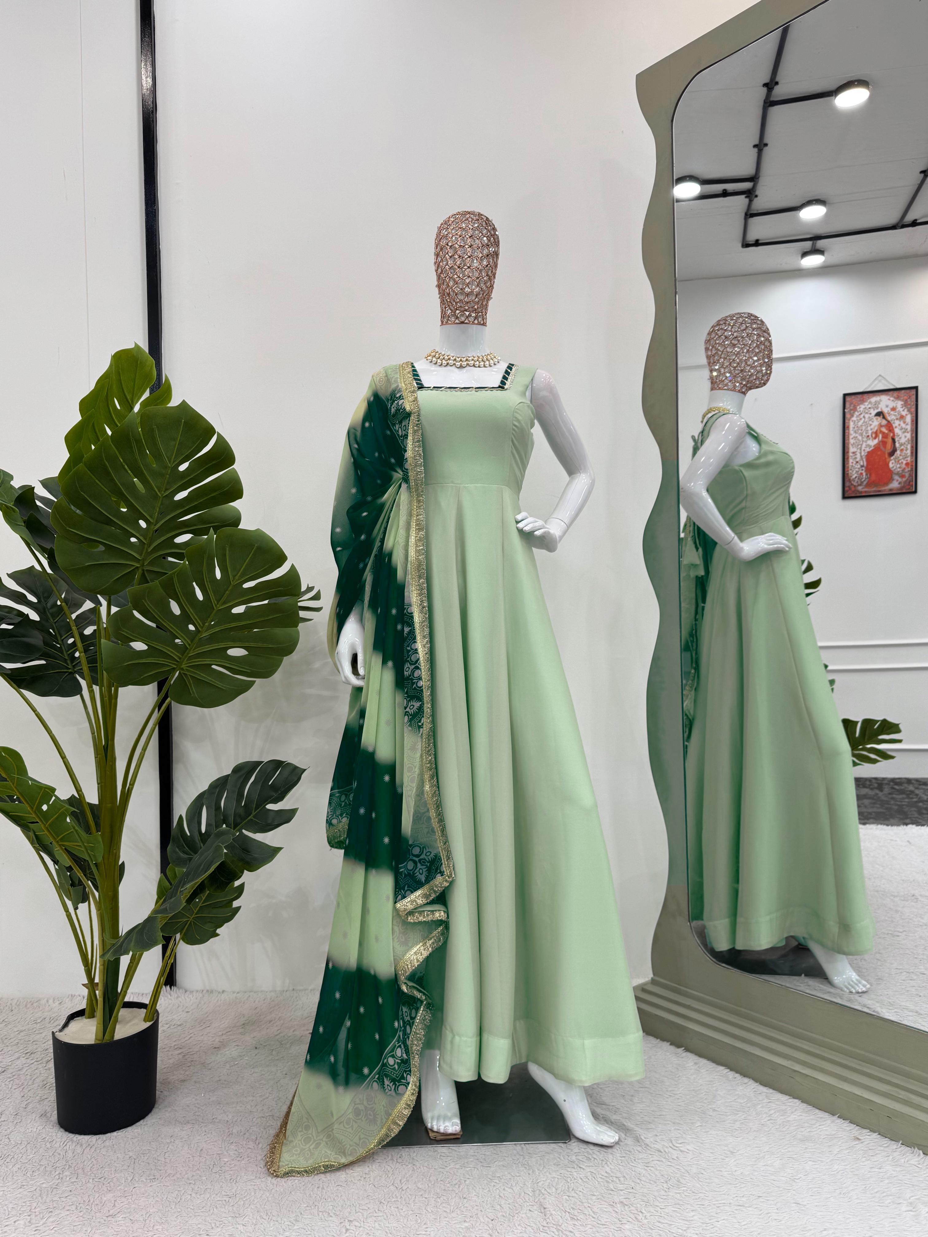 Pista Green Color Georgette With Fancy Lace Work Party Wear Gown
