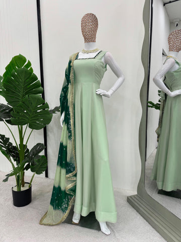 Pista Green Color Georgette With Fancy Lace Work Party Wear Gown