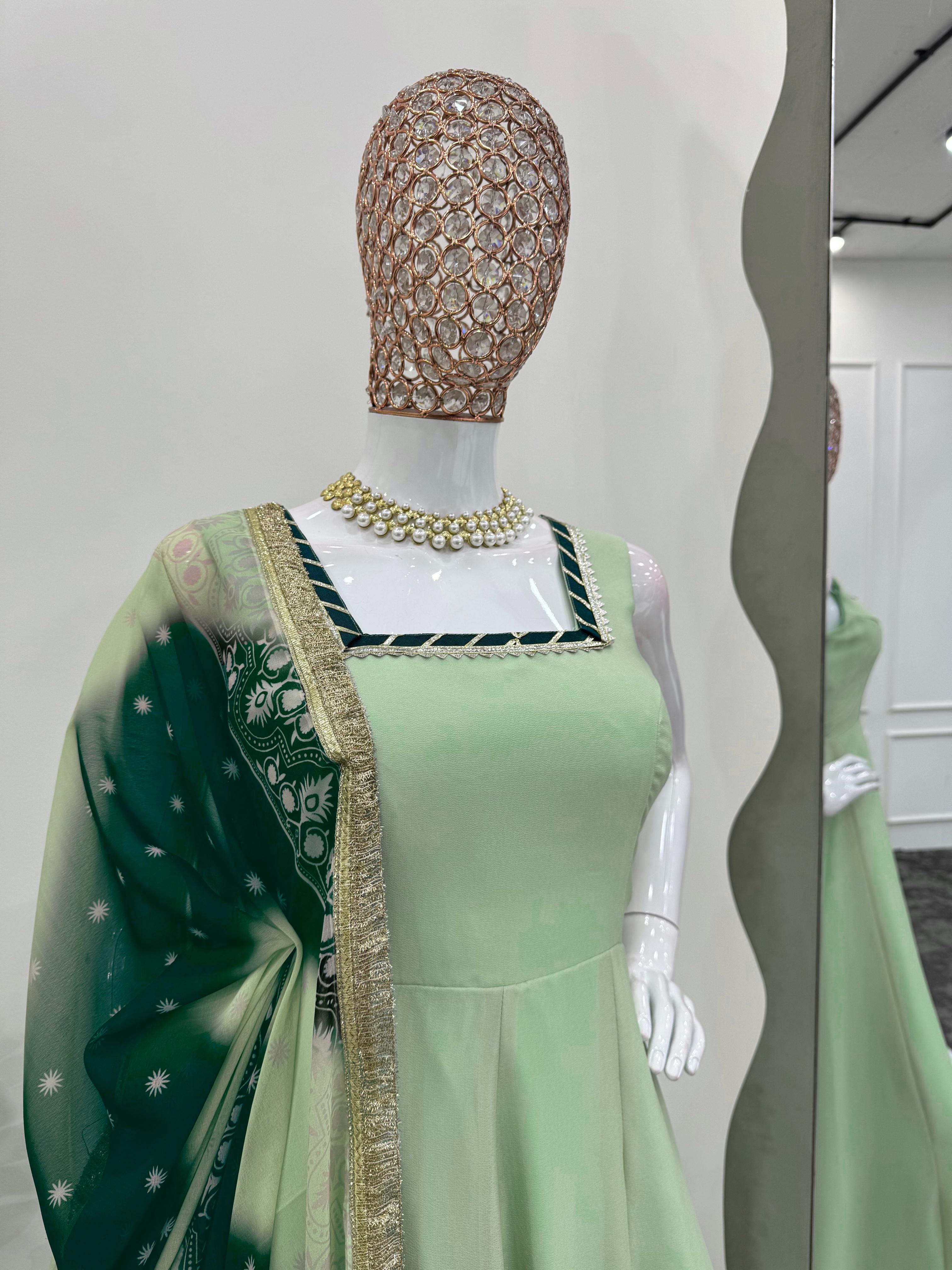 Pista Green Color Georgette With Fancy Lace Work Party Wear Gown