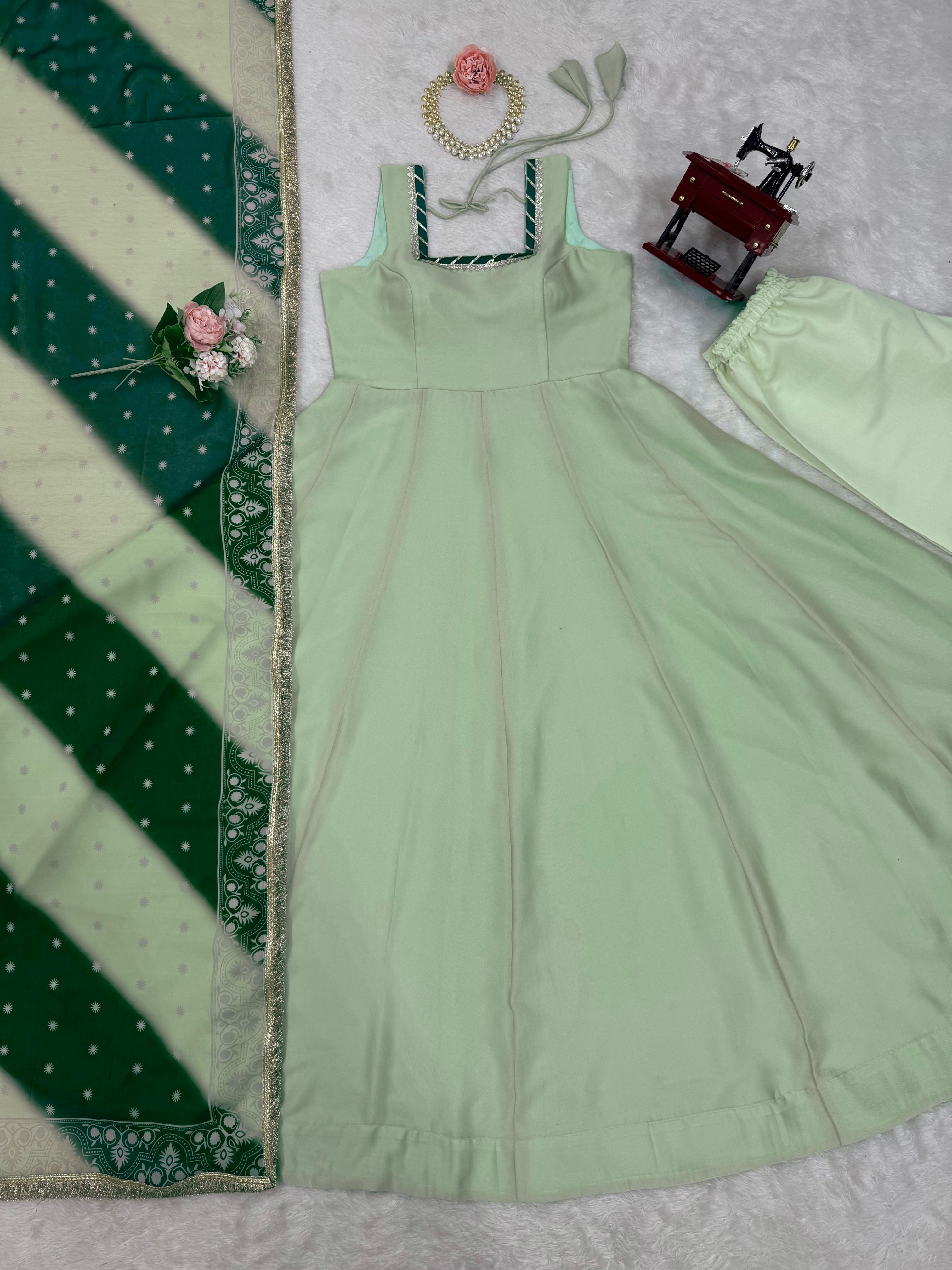 Pista Green Color Georgette With Fancy Lace Work Party Wear Gown