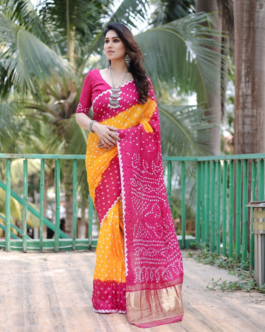 Wedding Wear Pink And Yellow Color With Zari Weaving Pure Bandhej Silk Saree