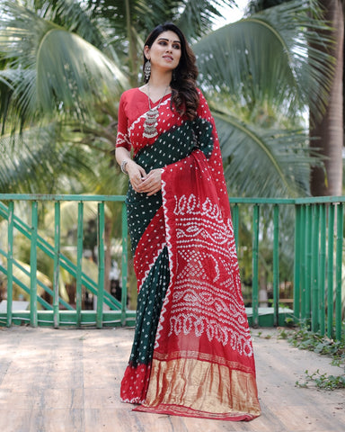 Wedding Wear Red And Black Color With Zari Weaving Pure Bandhej Silk Saree