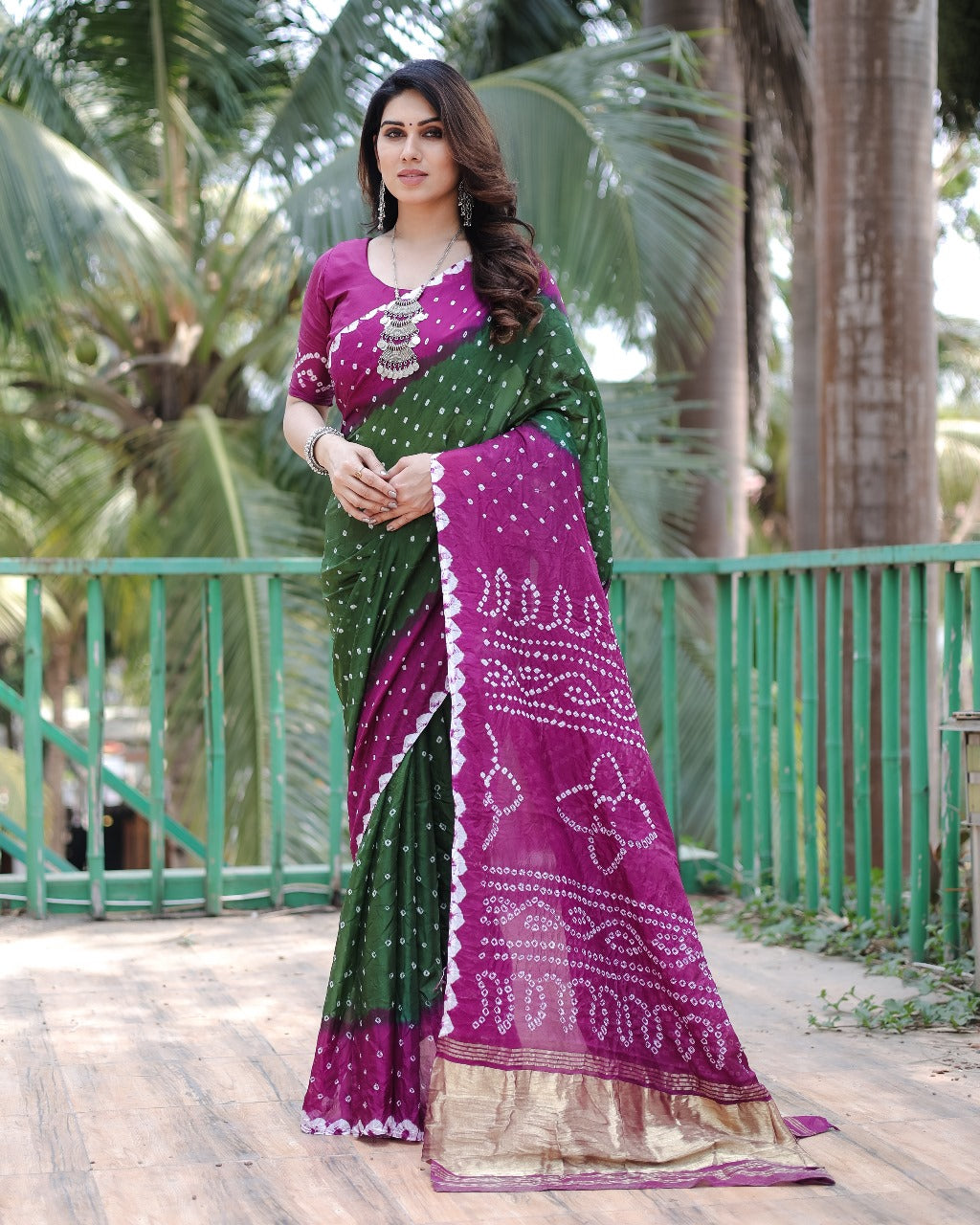 Wedding Wear Purple And Green Color With Zari Weaving Pure Bandhej Silk Saree