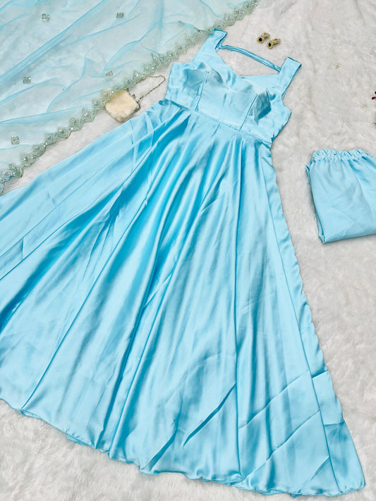 Latest Designer Beautiful Sky Blue Color Pure Japan Satin Anarkali Suit