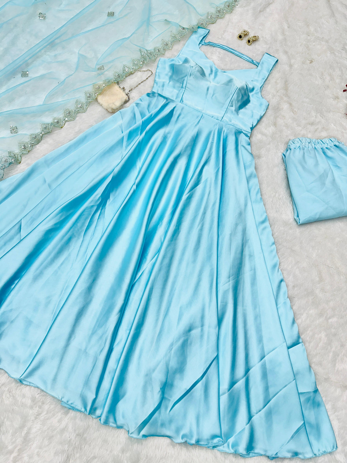 Latest Designer Beautiful Sky Blue Color Pure Japan Satin Anarkali Suit
