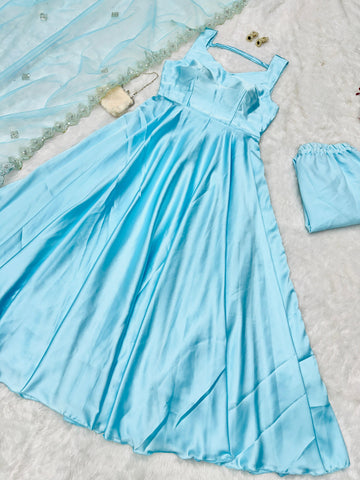 Latest Designer Beautiful Sky Blue Color Pure Japan Satin Anarkali Suit